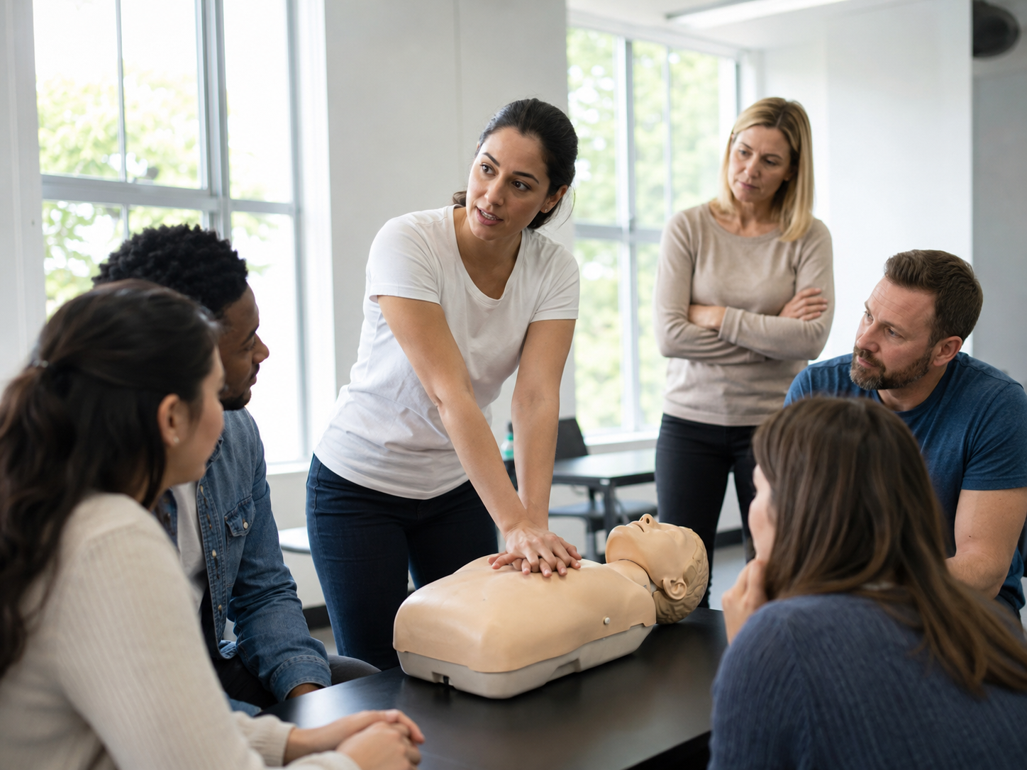 CPR instructor demonstrating chest compressions on a manikin to a small class of adult students