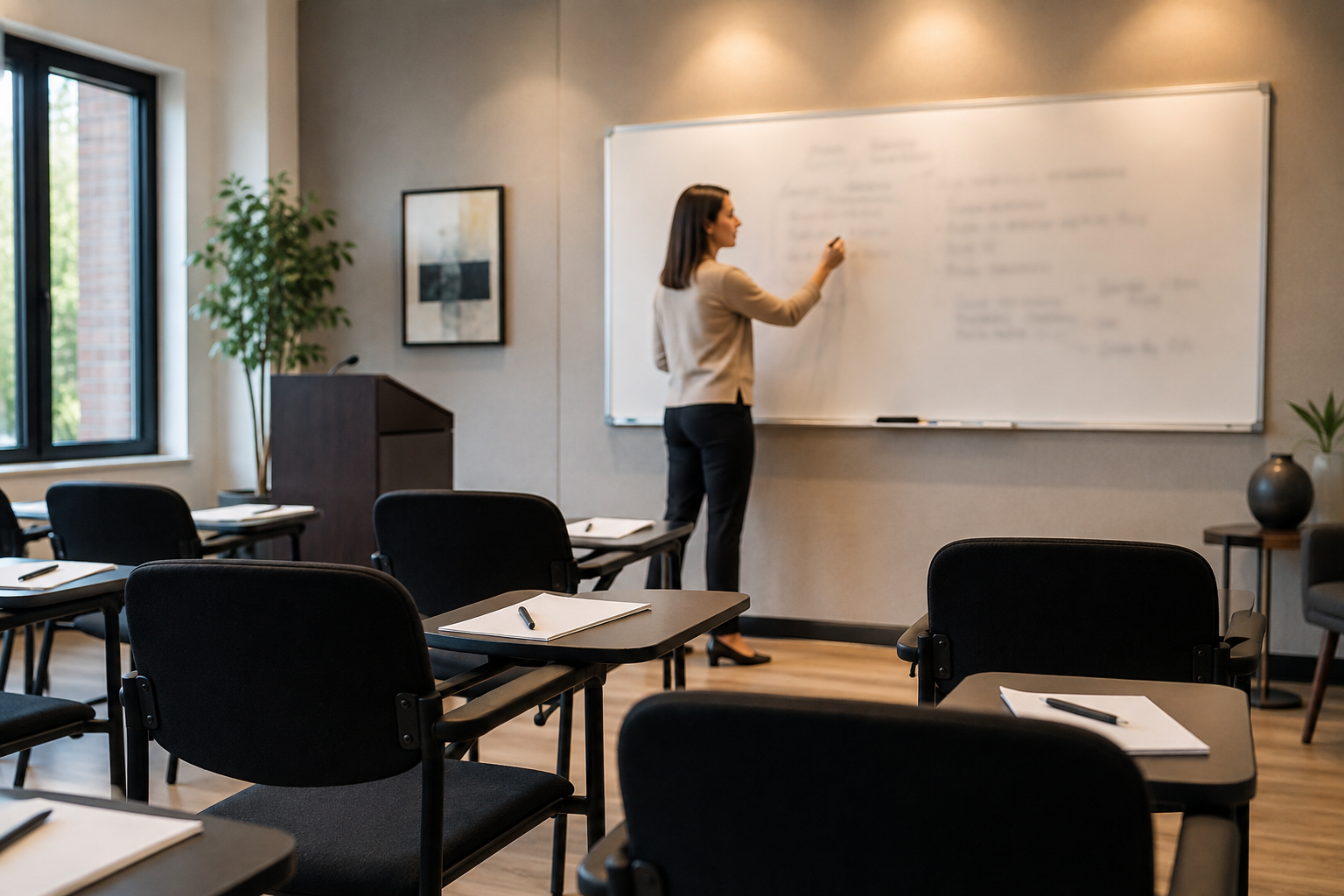 Training instructor planning course pricing at a whiteboard in an empty classroom