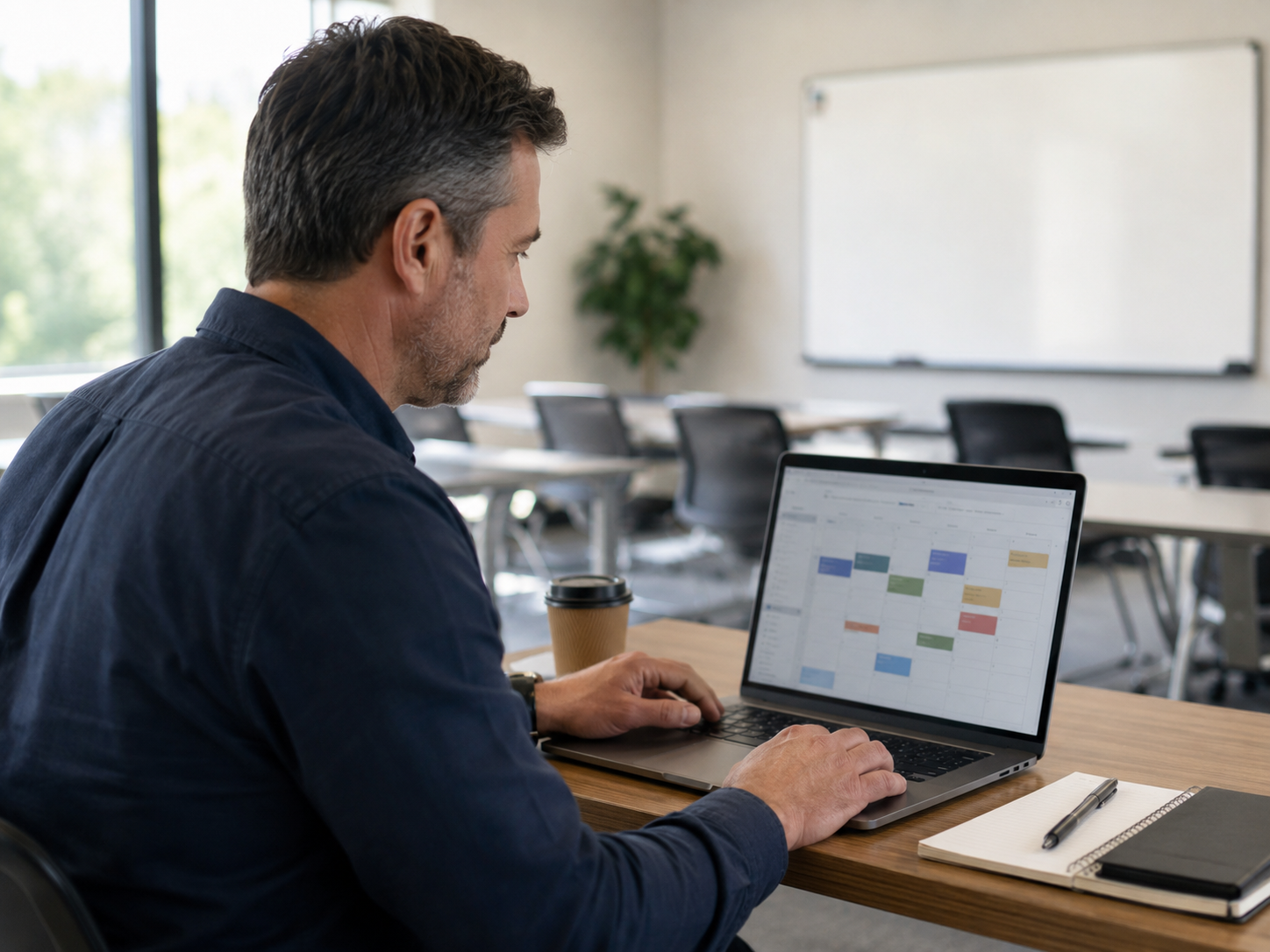 Training business owner reviewing his class schedule on a laptop in his classroom